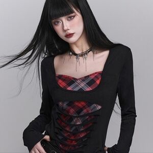 Sexy Red & Black Plaid Goth Cutouts Long Sleeve Top with Side Ties size L